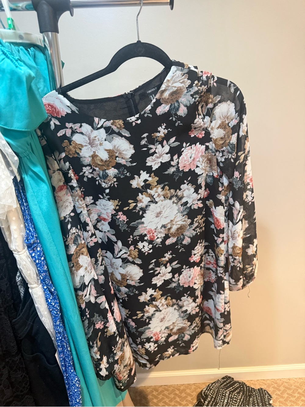 Floral Black Dress with Puff Sleeves